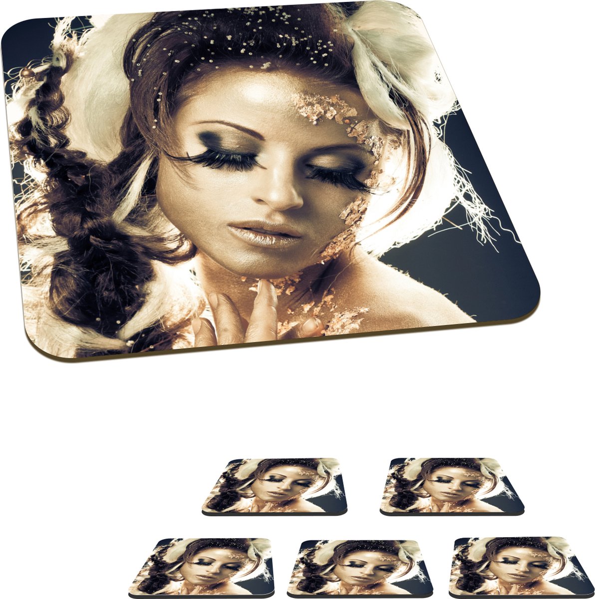 Onderzetters voor glazen - Vrouw - Goud - Oogschaduw - 10x10 cm - Glasonderzetters - 6 stuks