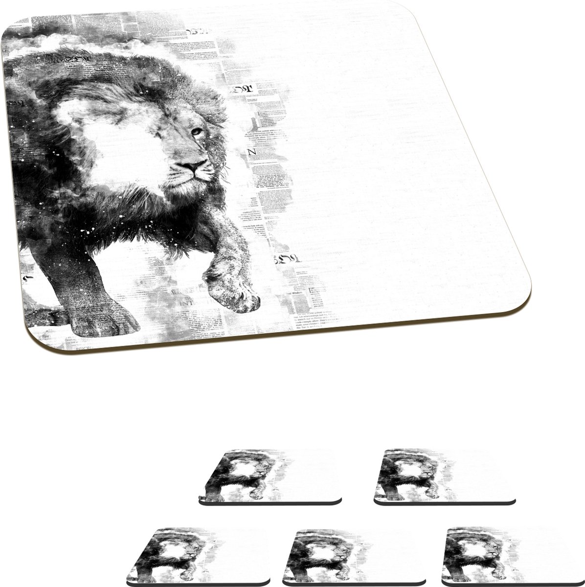 Onderzetters voor glazen - Leeuw - Krant - Zwart - Wit - 10x10 cm - Glasonderzetters - 6 stuks