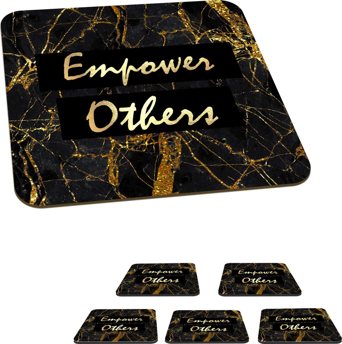 Onderzetters voor glazen - Quote - Power - Goud - Marmer - 10x10 cm - Glasonderzetters - 6 stuks