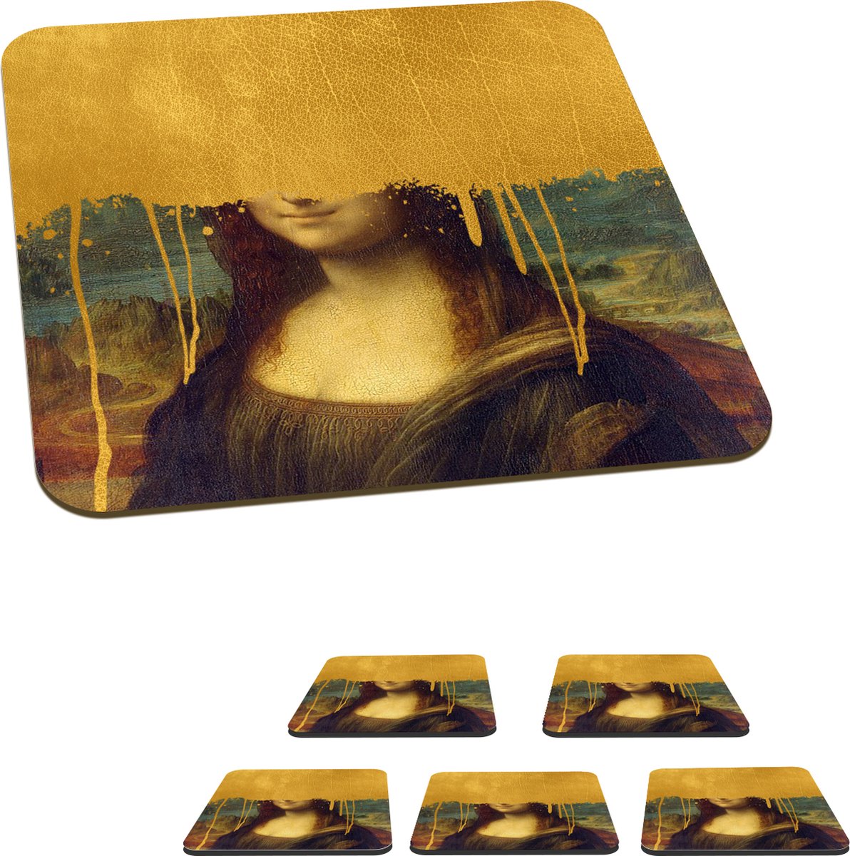 Onderzetters voor glazen - Mona Lisa - Goud - Da Vinci - 10x10 cm - Glasonderzetters - 6 stuks