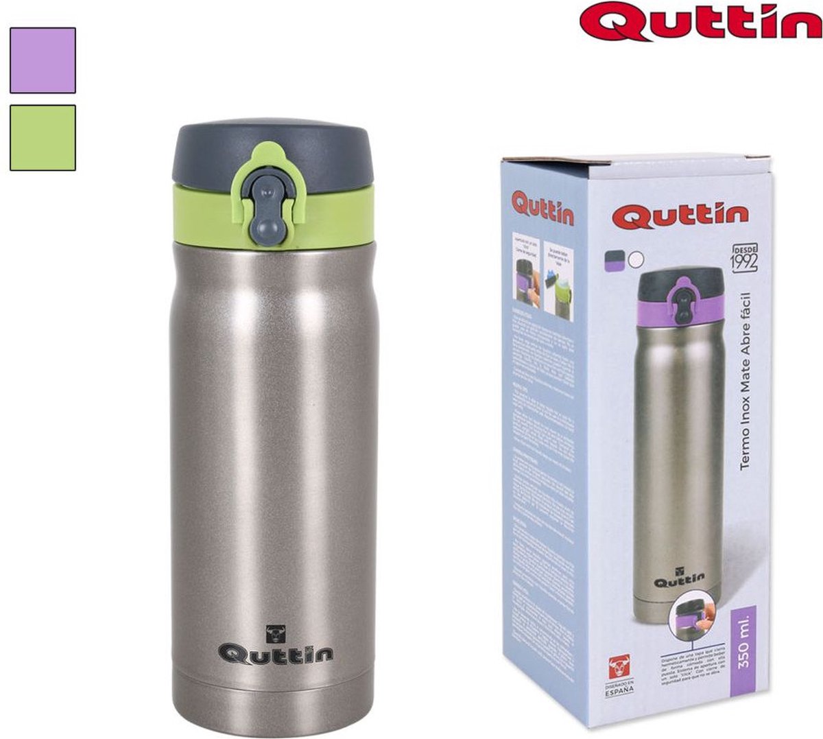 Quttin | Thermosfles | Roestvrij Matte | Easy Open | 350 ml | Groen/Paars kleur