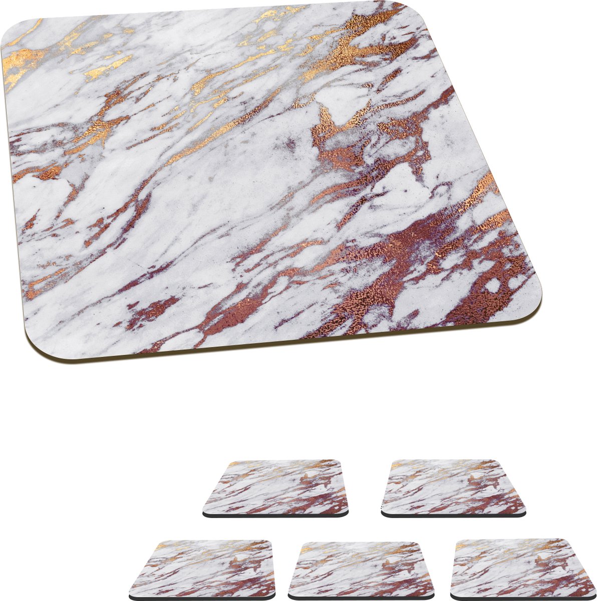 Onderzetters voor glazen - Marmer - Wit - Goud - Rood - 10x10 cm - Glasonderzetters - 6 stuks