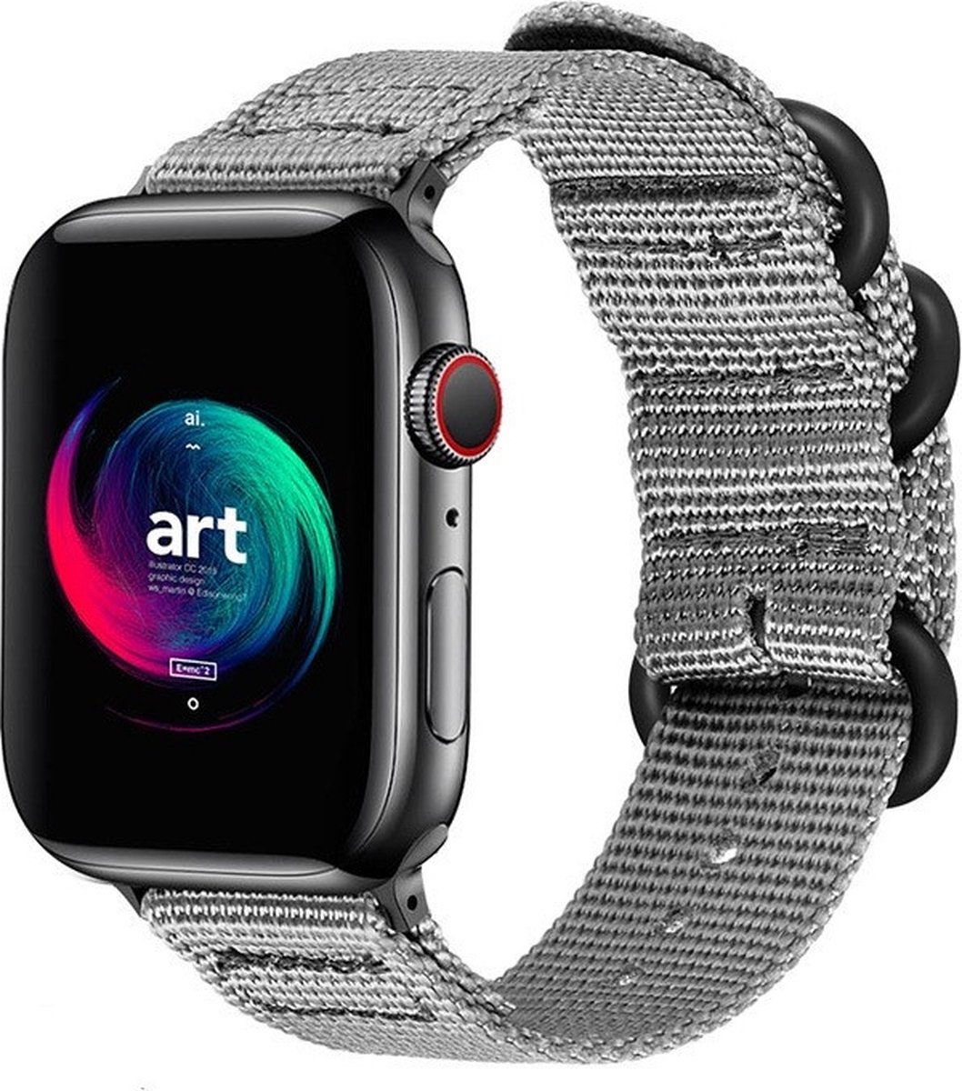 Strap-it Nylon Smartwatch bandje met gesp - Geschikt voor Apple WatchSeries 1/2/3/4/5/6/7/8/9/10/11/SE/SE2/SE3/Ultra (2/3) - Grijs - Stof iWatch bandje met gespsluiting voor maat: 44mm / 45mm / 46mm / 49mm
