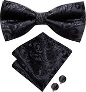 Vlinderdas inclusief pochet en manchetknopen - 100% zijden - Paisley 2 - zwart - vlinderstrik - strik - pochette - heren