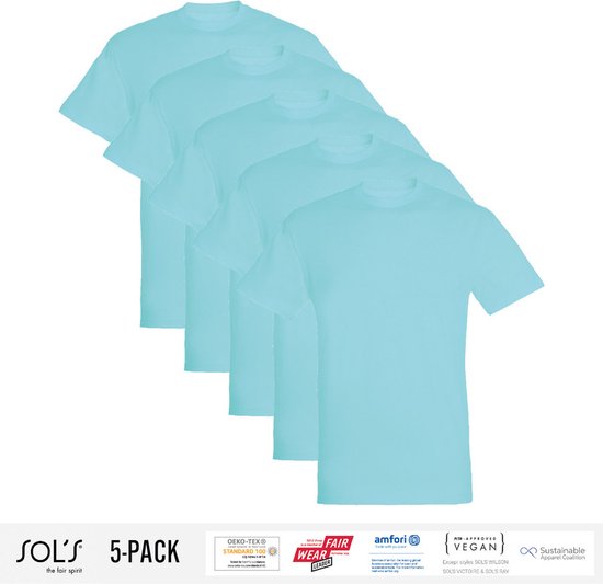 5 Pack Sol's Heren T-Shirt 100% biologisch katoen Ronde hals Atoll Maat L