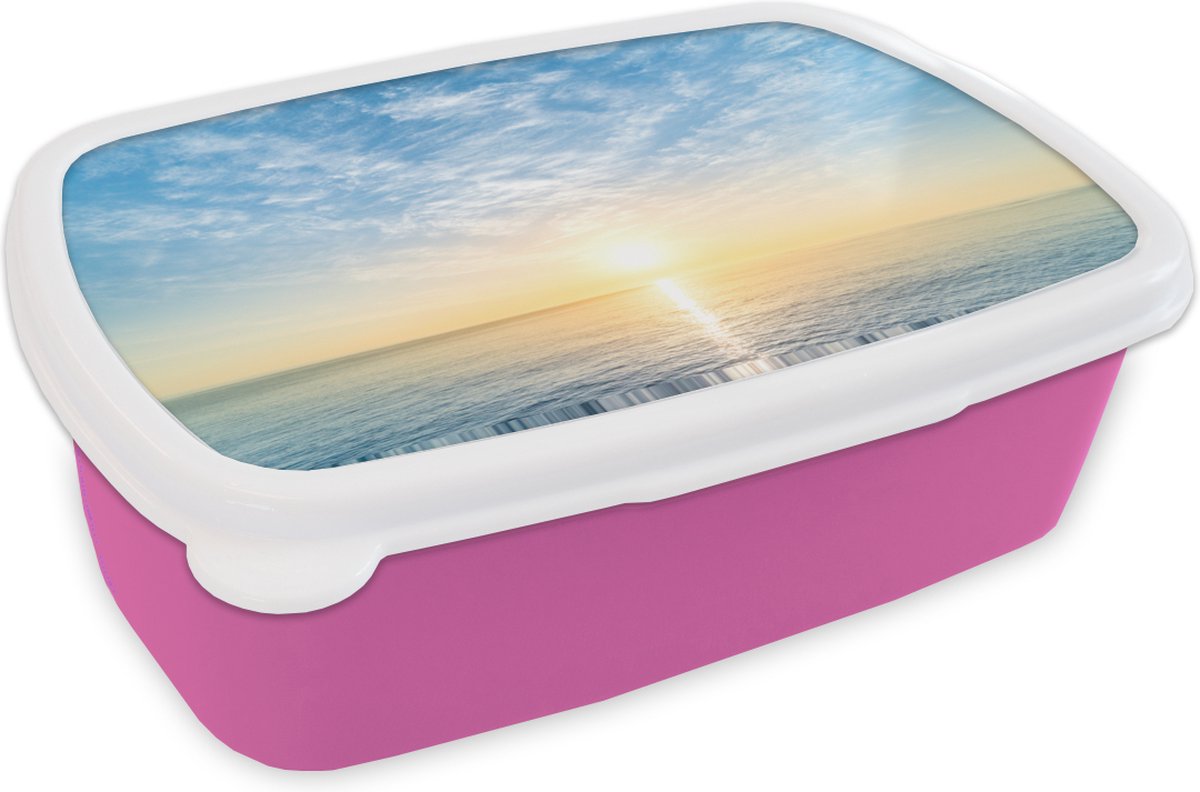 Broodtrommel Roze - Lunchbox - Brooddoos - Zee - Zon - Wolken - 18x12x6 cm - Kinderen - Meisje