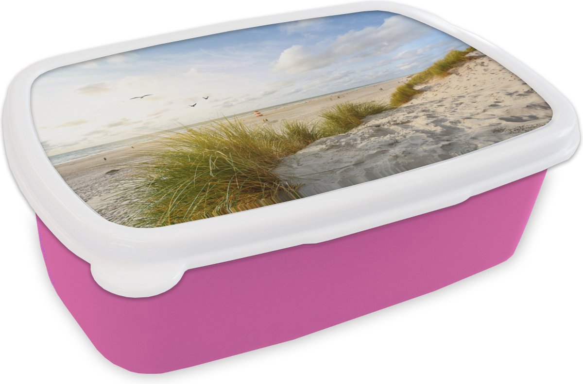 Broodtrommel Roze - Lunchbox - Brooddoos - Strand - Zee - Vogels - 18x12x6 cm - Kinderen - Meisje