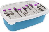 Broodtrommel Blauw - Lunchbox - Brooddoos - Bloemen - Tulpen - Paars - 18x12x6 cm - Kinderen - Jongen