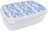Broodtrommel Wit - Lunchbox - Brooddoos - Bloemen - Rozen - Blauw - 18x12x6 cm - Volwassenen