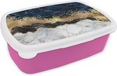 Broodtrommel Roze - Lunchbox - Brooddoos - Marmer - Wit - Goud - Luxe - 18x12x6 cm - Kinderen - Meisje