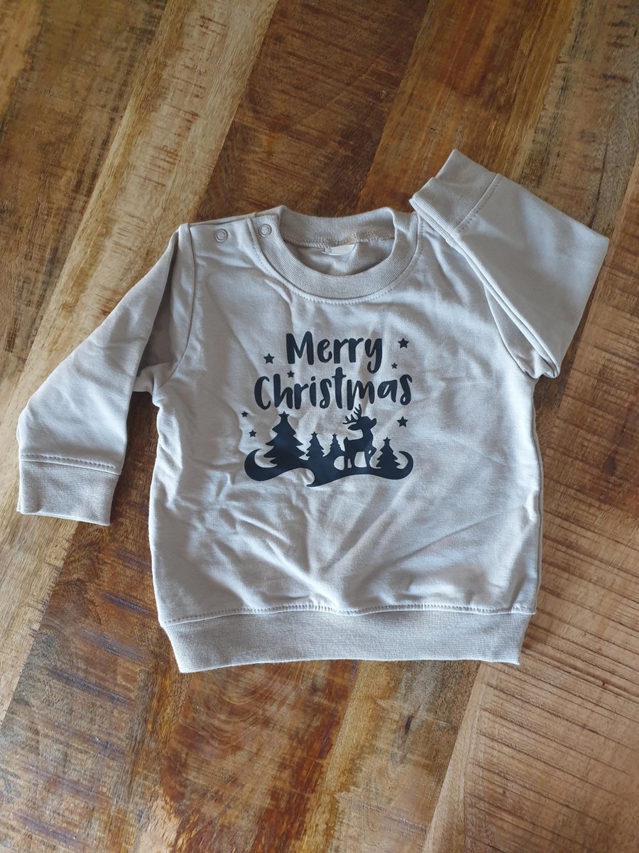 Trui Merry Christmas, maat 68 beige