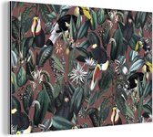 Wanddecoratie Metaal - Aluminium Schilderij Industrieel - Bloemen - Toekan - Bladeren - 150x100 cm - Dibond - Foto op aluminium - Industriële muurdecoratie - Voor de woonkamer/slaapkamer