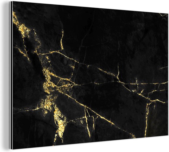 Wanddecoratie Metaal - Aluminium Schilderij Industrieel - Marmer - Zwart - Goud - Luxe - 30x20 cm - Dibond - Foto op aluminium - Industriële muurdecoratie - Voor de woonkamer/slaapkamer