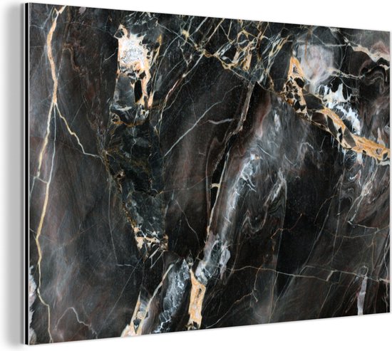 Wanddecoratie Metaal - Aluminium Schilderij Industrieel - Marmer - Zwart - Goud - Patroon - 120x80 cm - Dibond - Foto op aluminium - Industriële muurdecoratie - Voor de woonkamer/slaapkamer