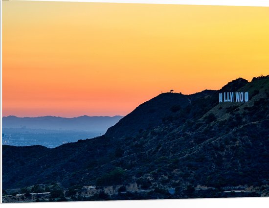 WallClassics - PVC Schuimplaat- Hollywood Sign met Zonsondergang - 100x75 cm Foto op PVC Schuimplaat