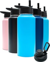 Bouteille d'eau - Aqua Blue - 1 litre - Bouchon Extra gratuit avec paille et bec verseur - Bouteille d'eau avec paille - Bouteille isotherme - Sans BPA - Étanche