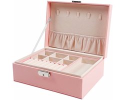 foto van Sieradendoos Met 2 lagen - Met slot - Sieraden opbergdoos - Organizer - Roze - lederlook