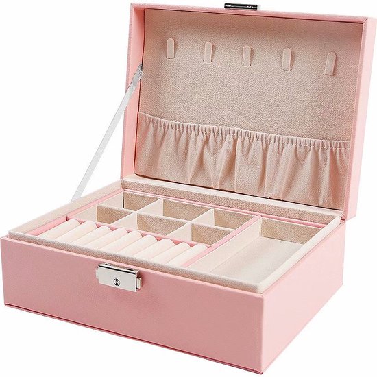 Boîte à bijoux Avec 2 couches - Avec serrure - Boîte de rangement pour Bijoux - Organisateur - Rose - aspect cuir