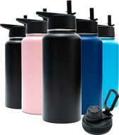 Bouteille Thermos - Noir Onyx - 1 litre - Bouchon Extra avec paille et bec verseur - Bouteille d'eau avec paille - Bouteille isotherme - Sans BPA - Étanche