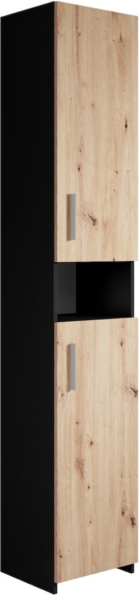 Badkamerkast Mercury 35 x 30 x 190cm zwart met eiken staande kolomkast