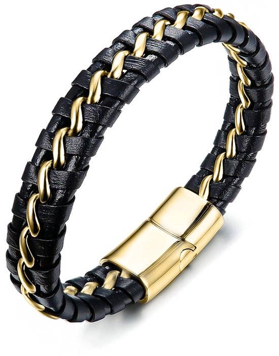 Malinsi Bracelet Homme - Goud - Cuir Tressé Acier Inoxydable - Bracelet Homme 21 cm - Cadeau Mari - Bracelets Vaderdag - Cadeau - Anniversaire