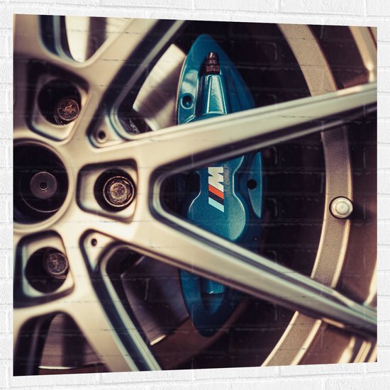WallClassics - Muursticker - Blauwe Remklauwen in Autowiel - 100x100 cm Foto op Muursticker