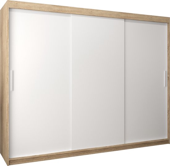 Drie witte schuifdeuren met licht eikenhouten frame, staand op een donker houten plint.