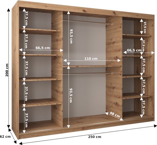 InspireMe - Armoire avec 3 portes coulissantes, Style moderne, Armoire avec étagères (LxHxP): 250x200x62 - TORM 250 Zwart Mat