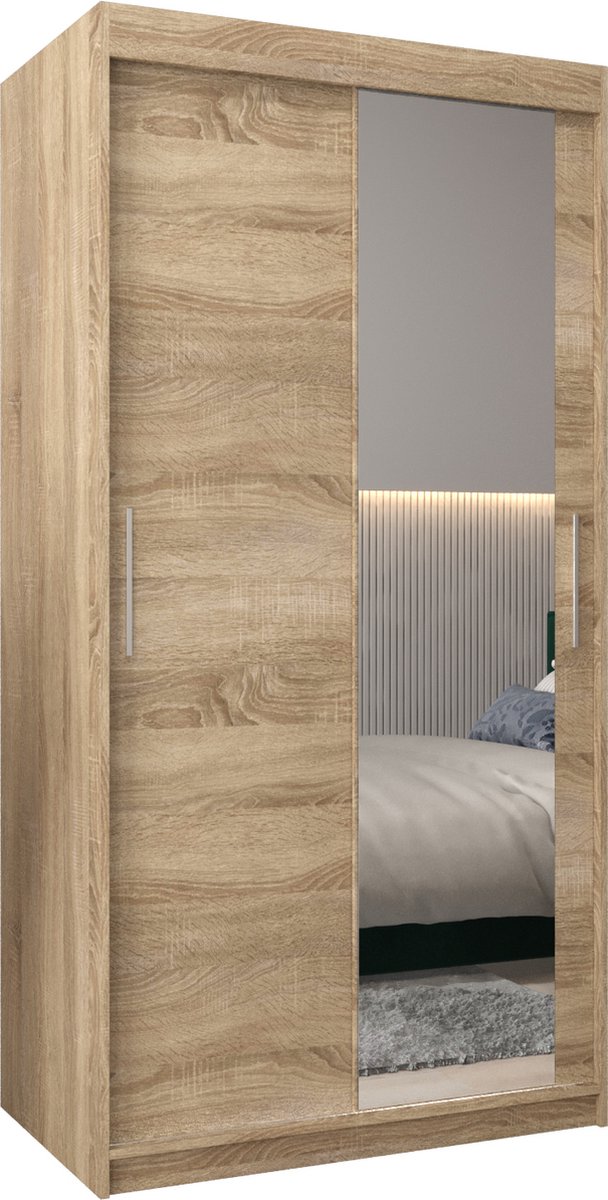InspireME Kledingkast met 2 schuifdeuren, Modern-stijl, Kledingkast met planken (BxHxD): 100x200x62 - TORM II 100 Sonoma Eik