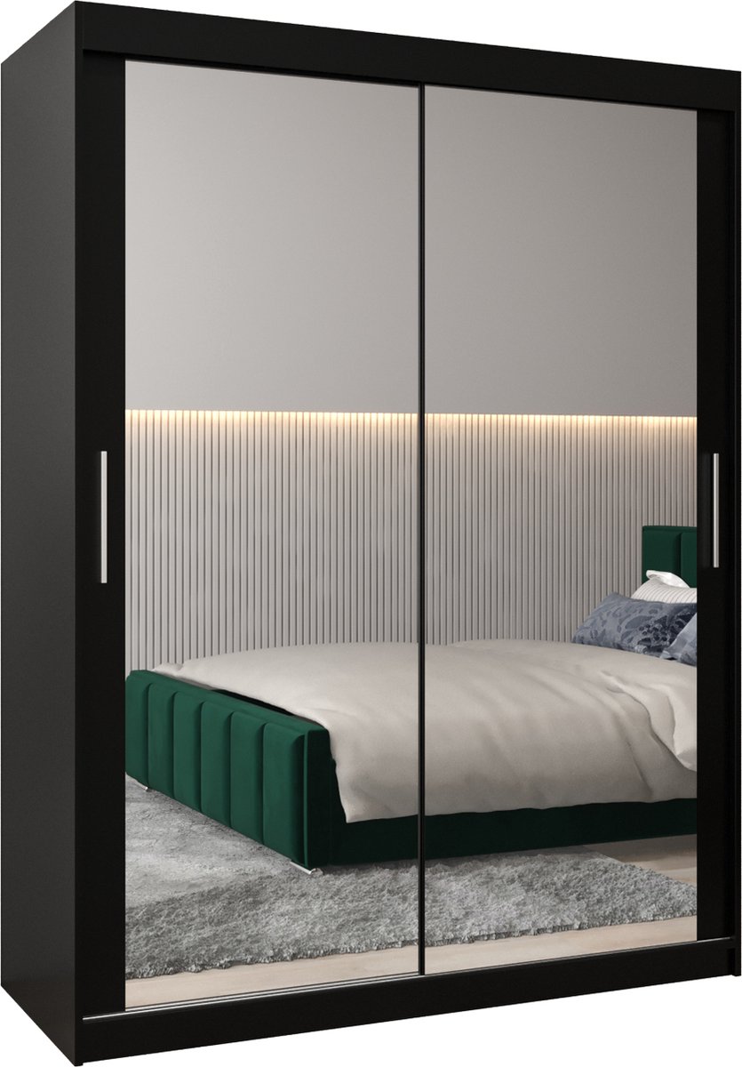 InspireME Kledingkast met 2 schuifdeuren, Modern-stijl, Kledingkast met planken (BxHxD): 150x200x62 - TORM III 150 Zwart Mat met 2 lades