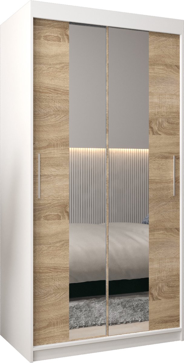 InspireME Kledingkast met 2 schuifdeuren, Modern-stijl, Kledingkast met planken (BxHxD): 100x200x62 - TORM I 100 Wit Mat + Sonoma Eik met 2 lades