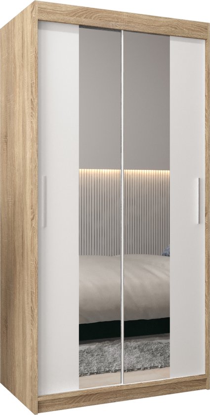 InspireMe - Kledingkast met 2 schuifdeuren, Modern-stijl, Kledingkast met planken (BxHxD): 100x200x62 - TORM I 100 Sonoma Eik + Wit Mat