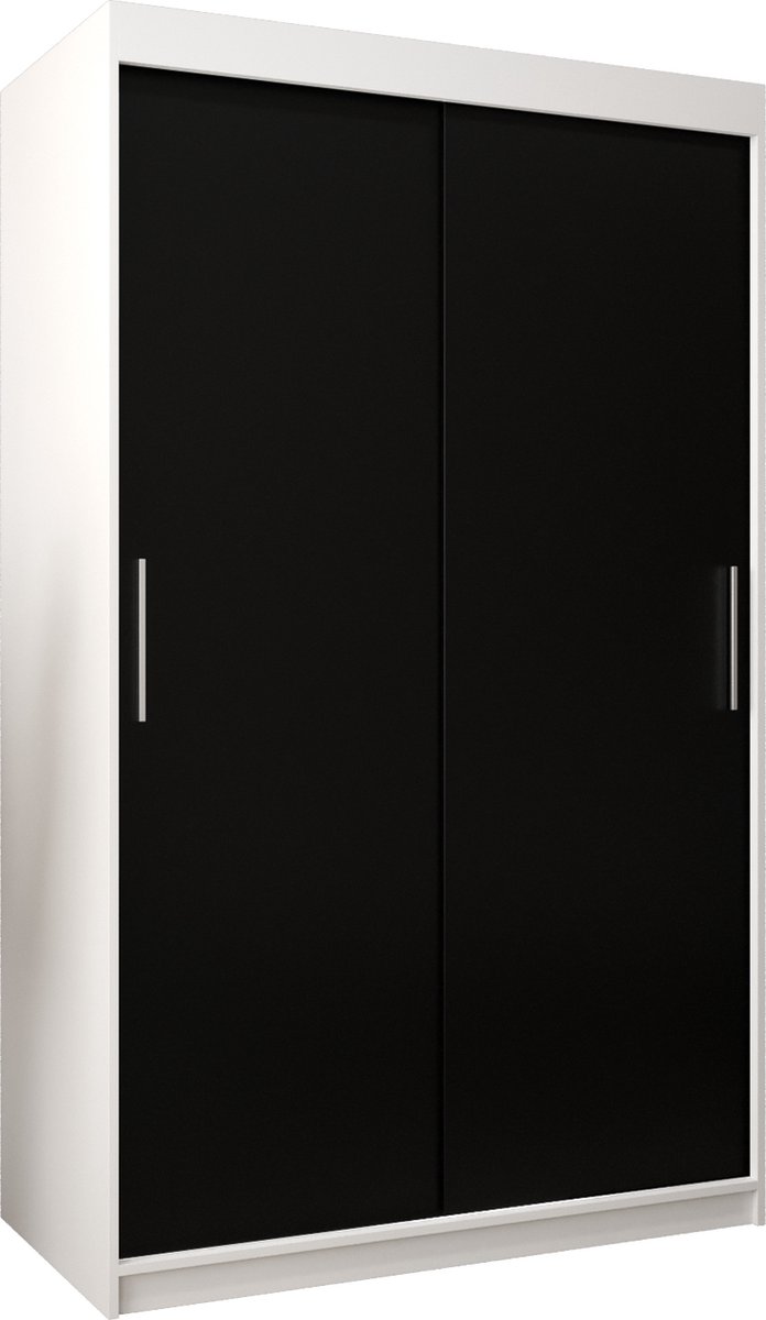 InspireME Kledingkast met 2 schuifdeuren, Modern-stijl, Kledingkast met planken (BxHxD): 120x200x62 - TORM 120 Wit Mat + Zwart met 2 lades