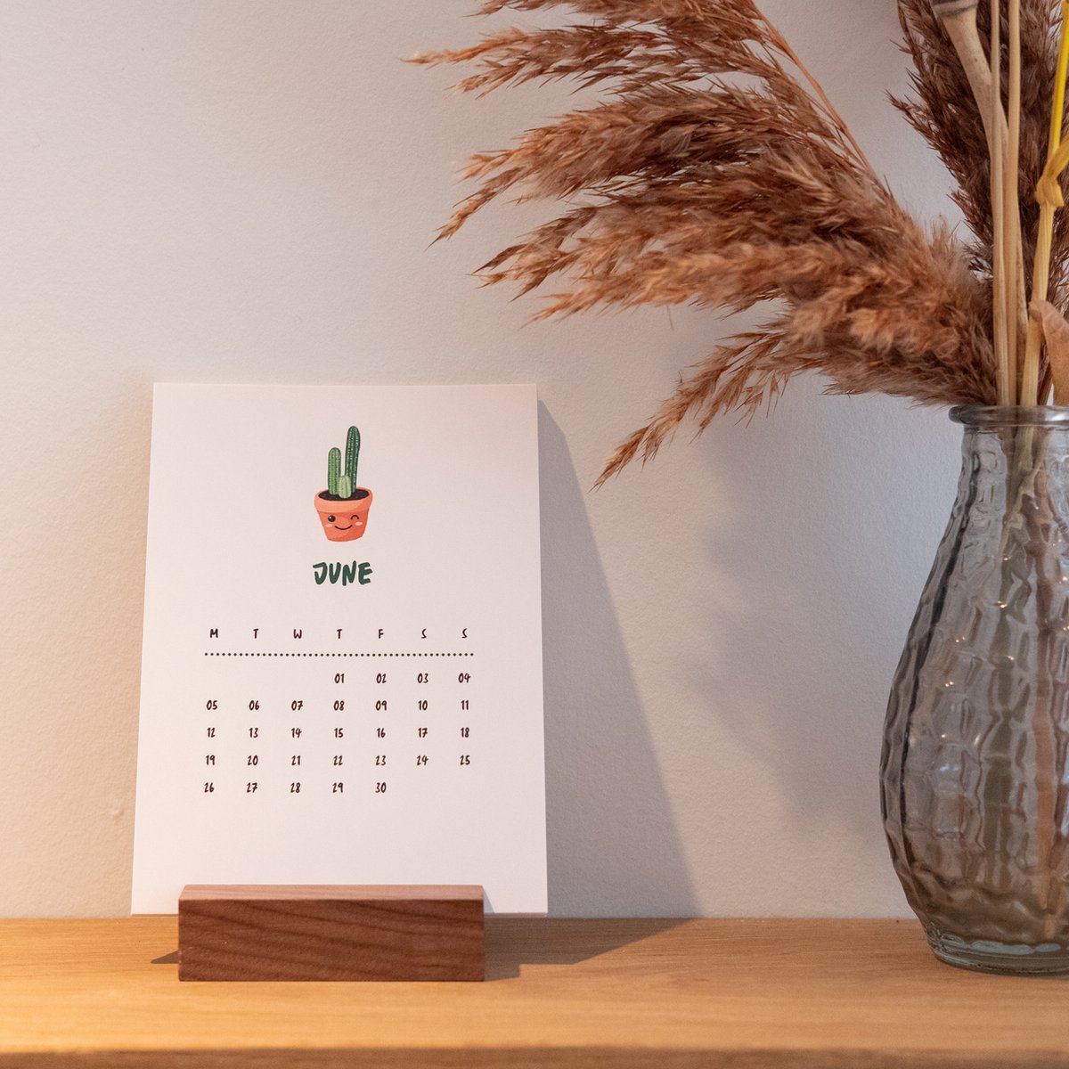 Bureaukalender 'Happy Plants' - 2023 - handgemaakt - walnoot voet - A6-formaat - uniek, planten, botanica, vector, minimalistisch design - cadeau, verjaardagscadeau.