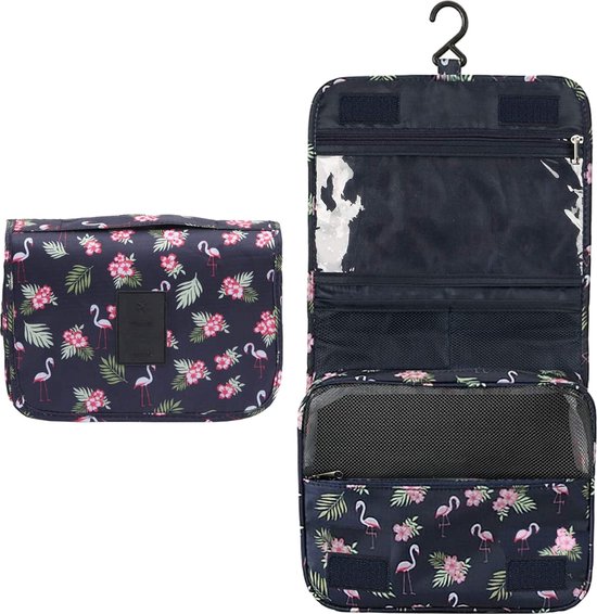 Fako Fashion® - Reis Toilettas Met Ophang Haak - Travel Bag - Organizer Voor Toiletartikelen - Reisartikelen - Travel Bag - Ophangbare Toilettas - Flamingo Zwart