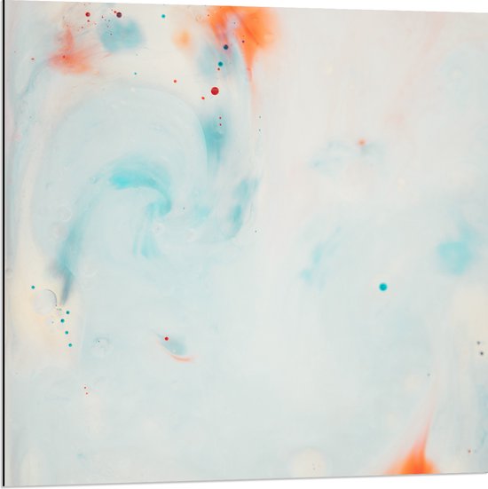 WallClassics - Dibond - Abstracte Blauw/Oranje Vlekken op Witte Achtergrond - 80x80 cm Foto op Aluminium (Met Ophangsysteem)