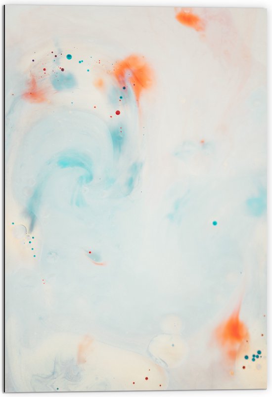 WallClassics - Dibond - Abstracte Blauw/Oranje Vlekken op Witte Achtergrond - 70x105 cm Foto op Aluminium (Met Ophangsysteem)