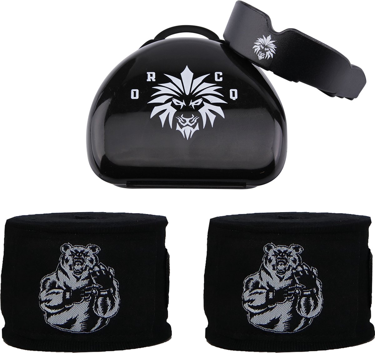 ORCQ vechtsport starterkit - Gebitsbeschermer & Bear bandages 450cm - Zwart