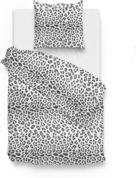 Warme flanel dekbedovertrek Leopard grijs/wit - eenpersoons (140x200/220) -  hoogwaardig en zacht - ideaal tegen de kou