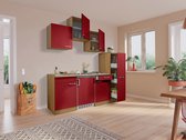 Goedkope keuken 180  cm - complete kleine keuken met apparatuur Luis - Eiken/Rood - elektrische kookplaat  - koelkast          - mini keuken - compacte keuken - keukenblok met apparatuur