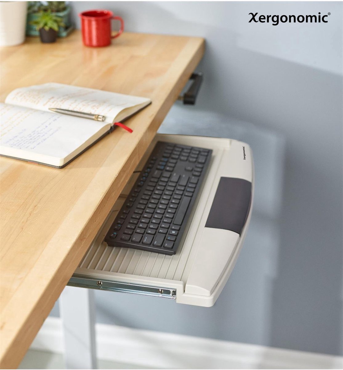 Xergonomic toetsenbordlade – toetsenbord houder – ideaal voor kleinere bureaus – Uitschuifbare toetsenbordlade – B55cmxL26xH3.3cm – Wit