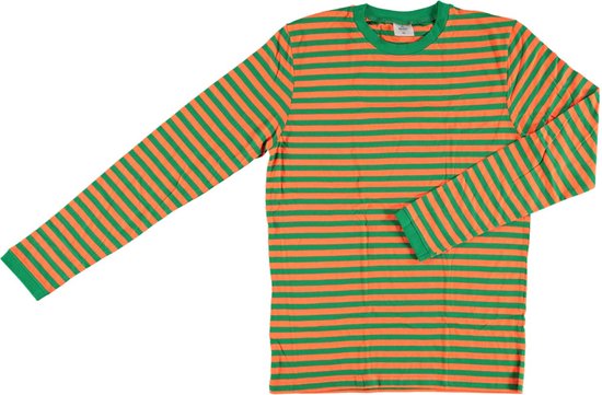 Oranje en groene gestreepte longsleeve T-shirt.