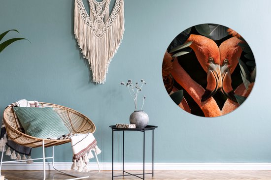 WallCircle - Stickers muraux - Cercle Papier Peint - Flamingo - Feuilles - Fleurs - 100x100 cm - Cercle Mural - Auto Adhésif - Sticker Papier Peint Rond XXL