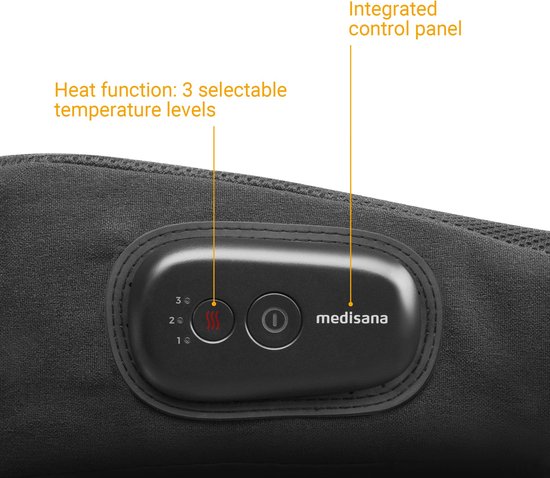 Close-up van het medisana bedieningspaneel met 3 warmtestanden (1, 2, 3) en aan/uit-knop.