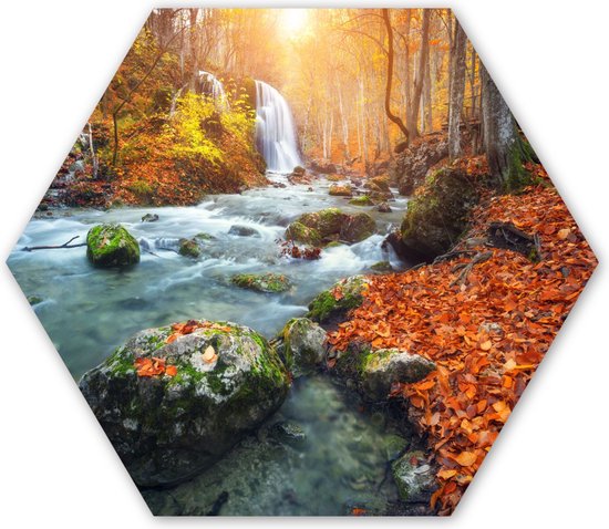 Hexagon wanddecoratie - Kunststof Wanddecoratie - Hexagon Schilderij - Natuur - Zon - Herfst - 120x103 cm