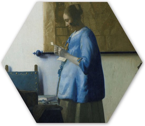 Hexagon wanddecoratie - Kunststof Wanddecoratie - Hexagon Schilderij - Brieflezende vrouw in het blauw - Schilderij van Johannes Vermeer - 120x103 cm