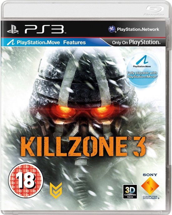 Jaquette du jeu Killzone 3 sur PlayStation 3, montrant un casque aux yeux lumineux et "PlayStation Move Features".