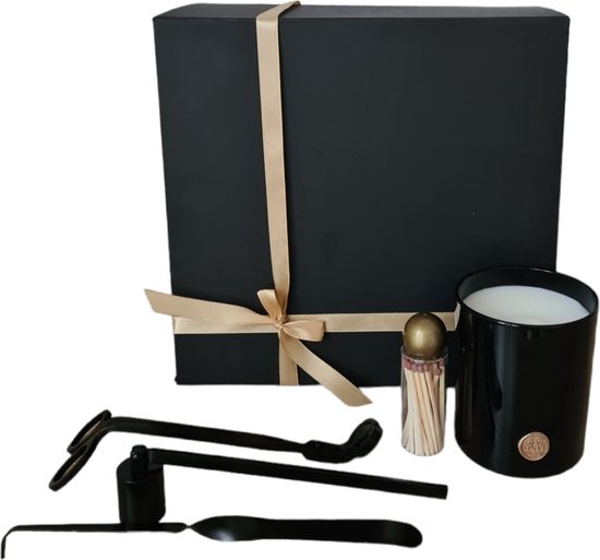 Geurkaars gift set zwart - kaarsentool set - lucifers in potje - 5 delige set - 100% sojawax kaars