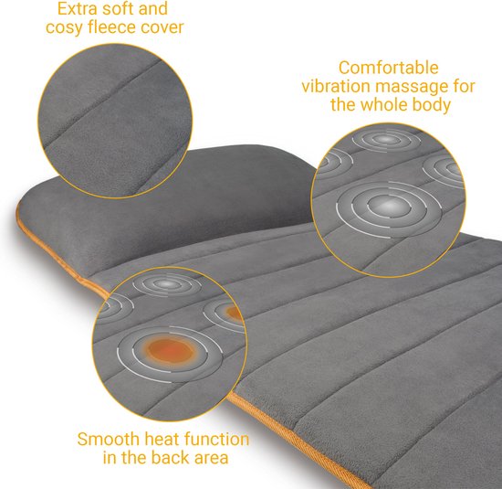 Close-ups van de grijze massagemat met oranje rand, met tekst over 'Extra zachte en comfortabele fleece hoes', 'Comfortabele vibratiemassage voor het hele lichaam' en 'Soepele warmtefunctie in het ruggebied'.