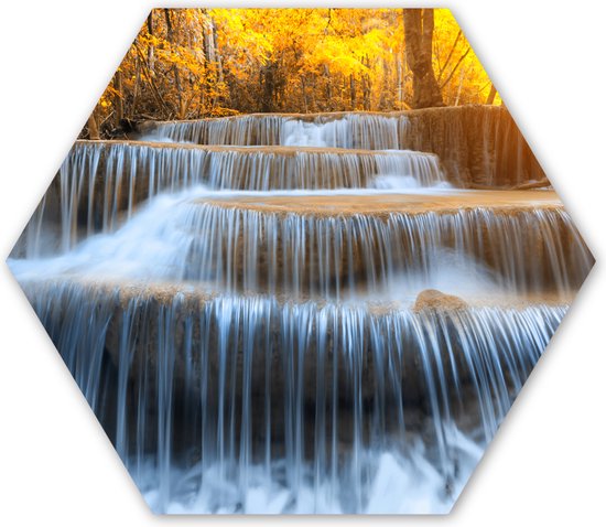 Hexagon wanddecoratie - Kunststof Wanddecoratie - Hexagon Schilderij - Waterval - Natuur - Bomen - Herfst - Landschap - 120x103 cm